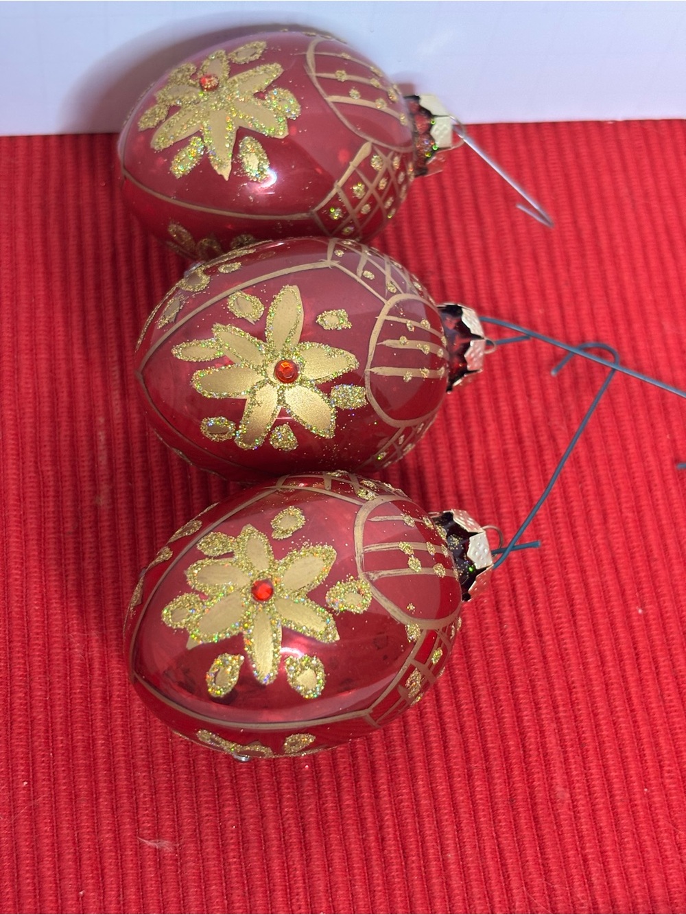 VTG Red and Gold Glass Christmas Ornament Set of 3